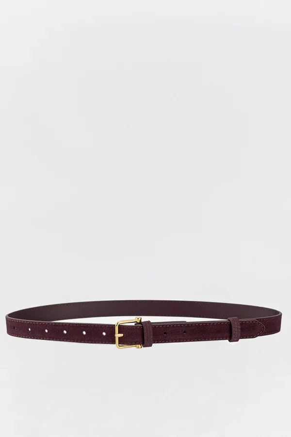 Slim plum leather belt with gold buckle detail, displayed against a clean white background.