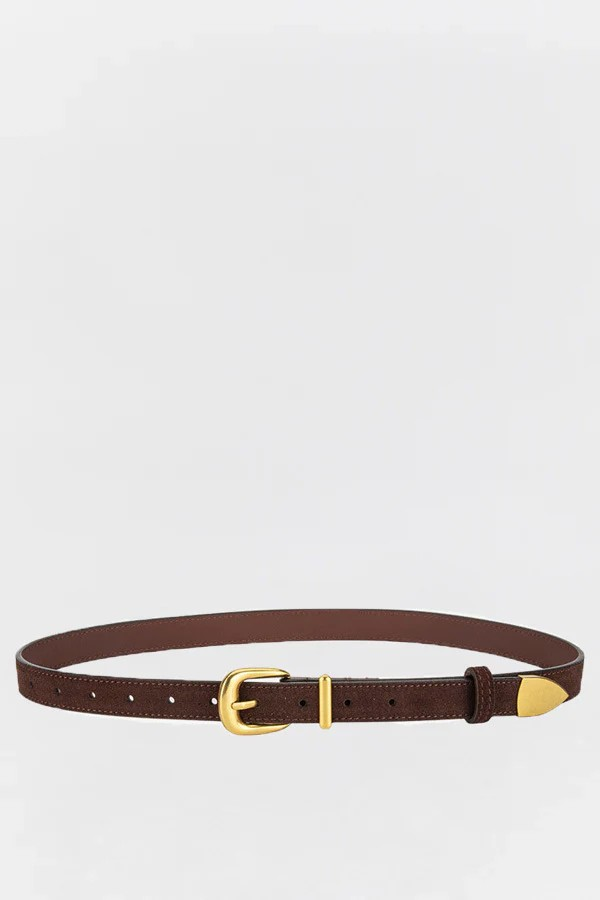 Tan leather belt with curved gold buckle and gold tip detail, photographed on a clean white background.