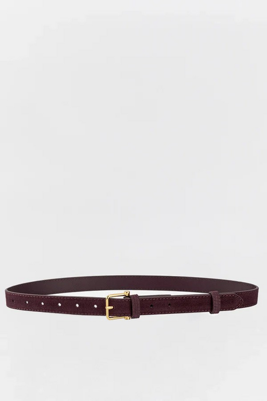 Slim plum leather belt with gold buckle detail, displayed against a clean white background.