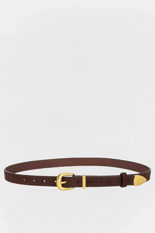 Tan leather belt with curved gold buckle and gold tip detail, photographed on a clean white background.